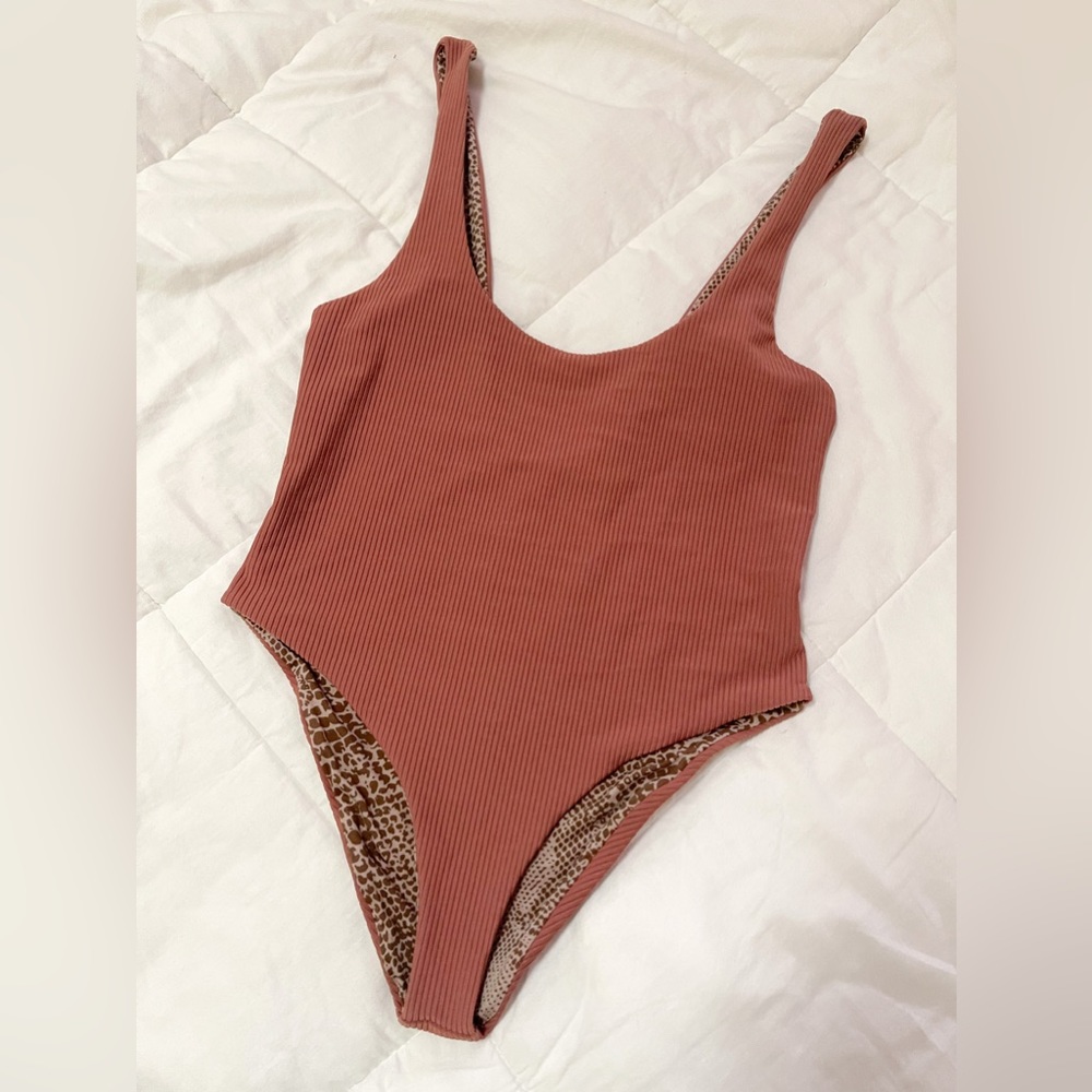 Acacia Swimwear Ribbed One Piece in Terracotta and Animal Print